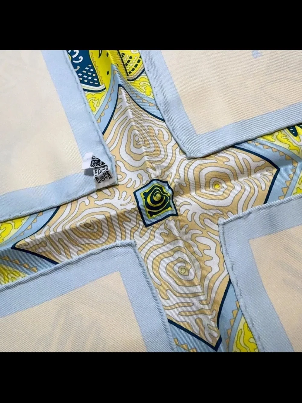 Hermès Pale Blue, Yellow & Beige Bird Motif Silk Scarf
